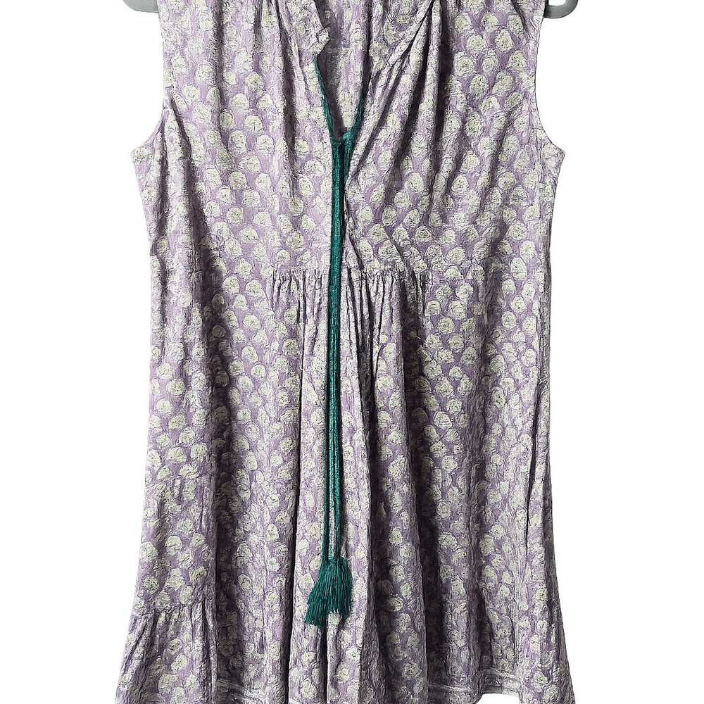 Sleeveless Lavender Print Midi Dress with Tassel Tie